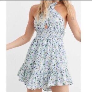 Aerie Light Blue Floral Halter Dress